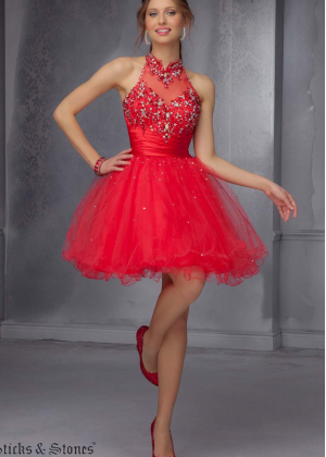 Tulle Beaded High Neck Sexy Back Knee Length Prom Dress  Tulle Beaded High Neck Sexy Back Knee Length Prom Dress